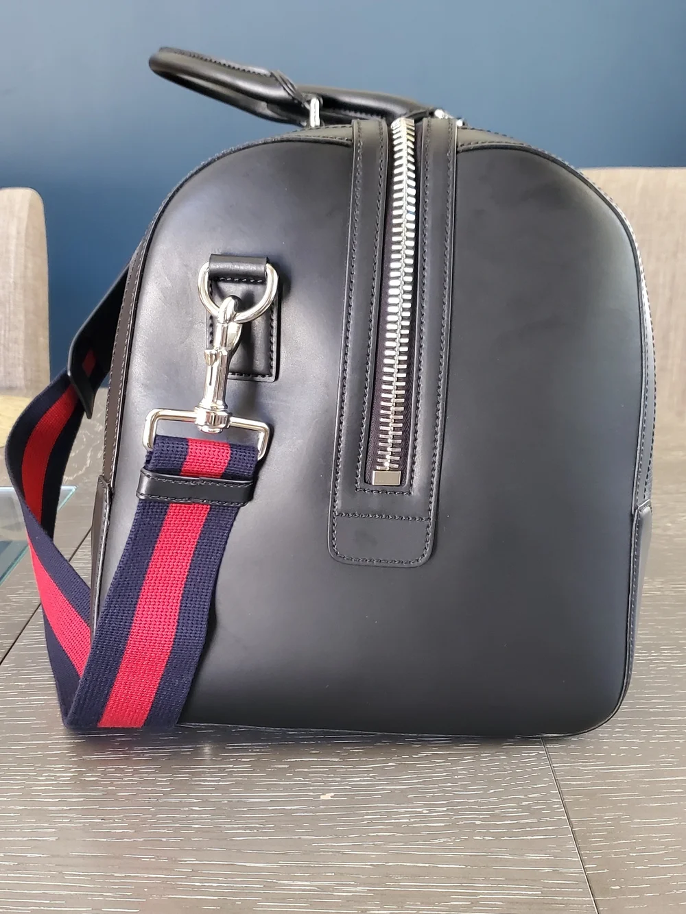 Gucci Black GG Supreme Duffel with Red and Blue Web Strap